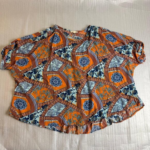 EASEL Boho Paisley Print Relaxed Short Sleeve Rayon Top Orange Blouse Women's L - Picture 1 of 8